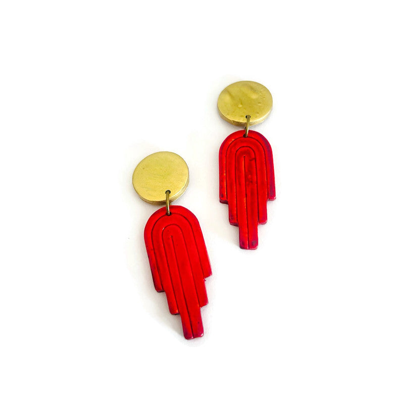 Polymer clay dangle earrings with gold round studs and red arch-shaped drops