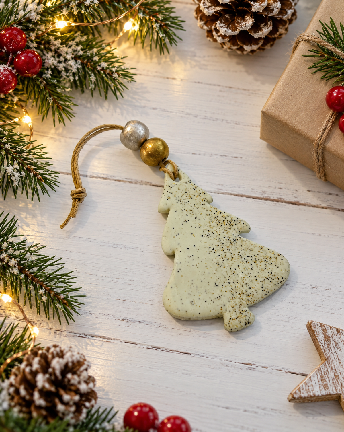 Clay Christmas tree ornament with speckled finish, gold and silver caps, hanging loop