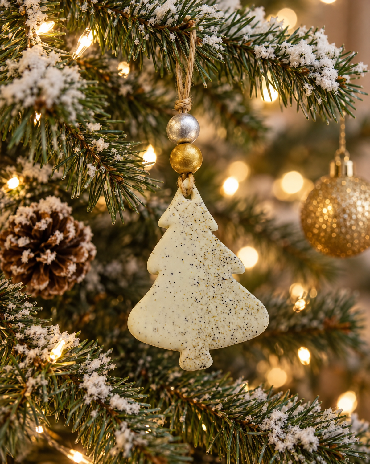 Hanging speckled clay Christmas tree ornament on gold cord with silver and gold metal caps