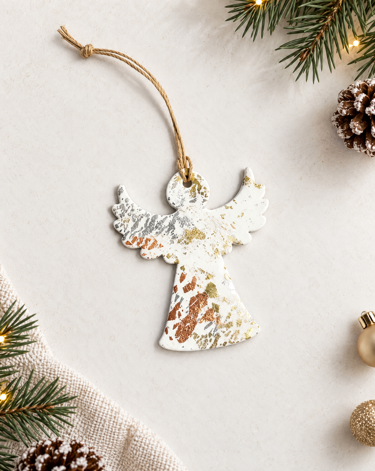 Handmade angel Christmas ornament in white with gold and brown speckled wings