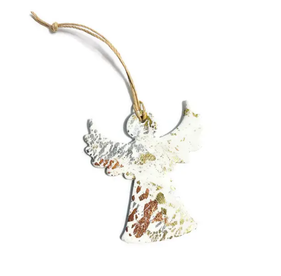 Handmade angel Christmas ornament, hanging loop with white and gold speckled wings