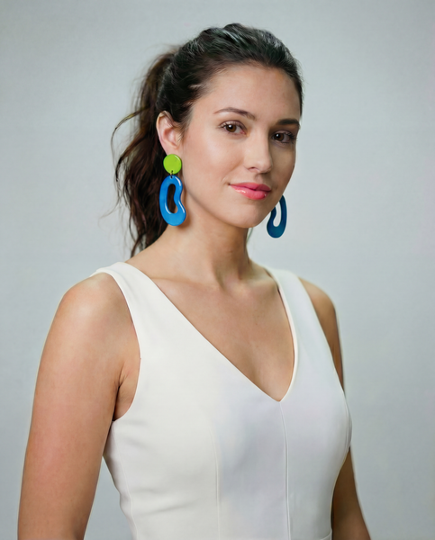 Neon Green & Bright Blue Statement Earrings Post or Clip On