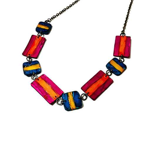 Colorful Beaded Necklace in Pink Orange Blue Yellow