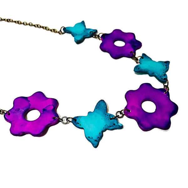 Colorful  Beaded Necklace with Flowers & Butterflies in Turquoise and Purple