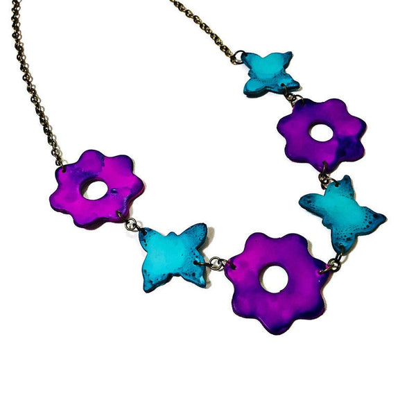 Colorful  Beaded Necklace with Flowers & Butterflies in Turquoise and Purple