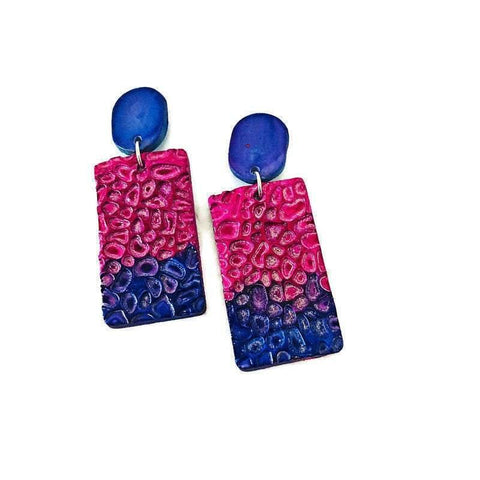 Colorful Statement Earrings in Neon Pink & Bright Purple. Polymer Clay Earrings Bold, Rectangle Drop Dangles or Clip On Earrings Handmade - Sassy Sacha Jewelry