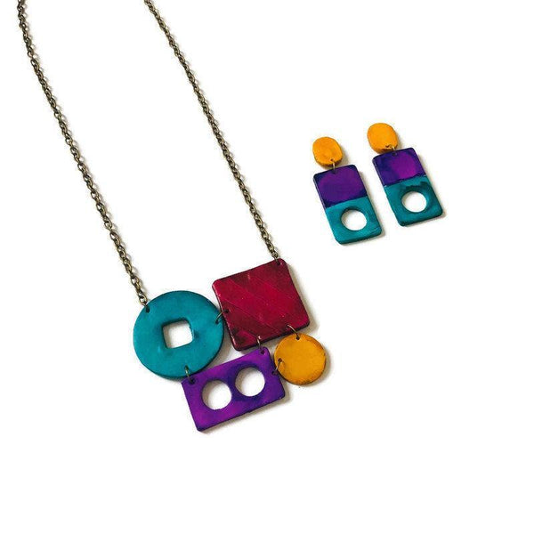 Funky Statement Necklace with Bold Colorful Geometric Style, Polymer Clay Jewelry Painted with Alcohol Ink, Quirky Unusual Necklace - Sassy Sacha Jewelry