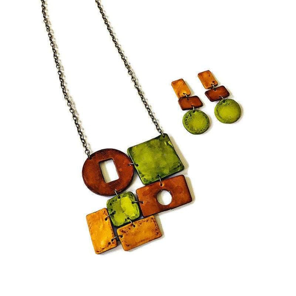 Fall Statement Necklace Handmade Polymer Clay Jewelry Painted with Alcohol Ink. Big Bold Chunky Geometric Necklace Chartreuse Brown & Yellow - Sassy Sacha Jewelry