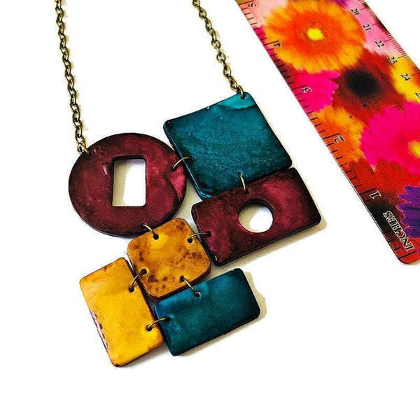 Chunky Statement Necklace, Big Bold Jewelry for Women, Polymer Clay Jewelry Painted Teal Mustard Maroon, Work from Home Accessories - Sassy Sacha Jewelry