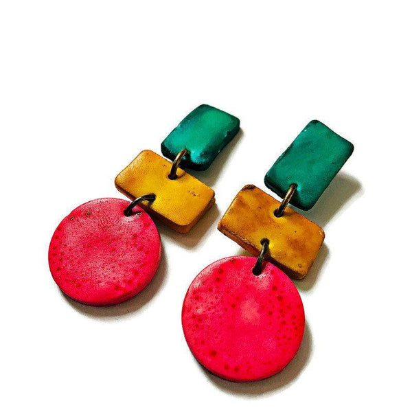 Clay Clip On Earrings, Long Geometric Earrings, Large Statement Earrings Lightweight, Bold 70s 80s Earrings Neon Pink Yellow & Turquoise - Sassy Sacha Jewelry