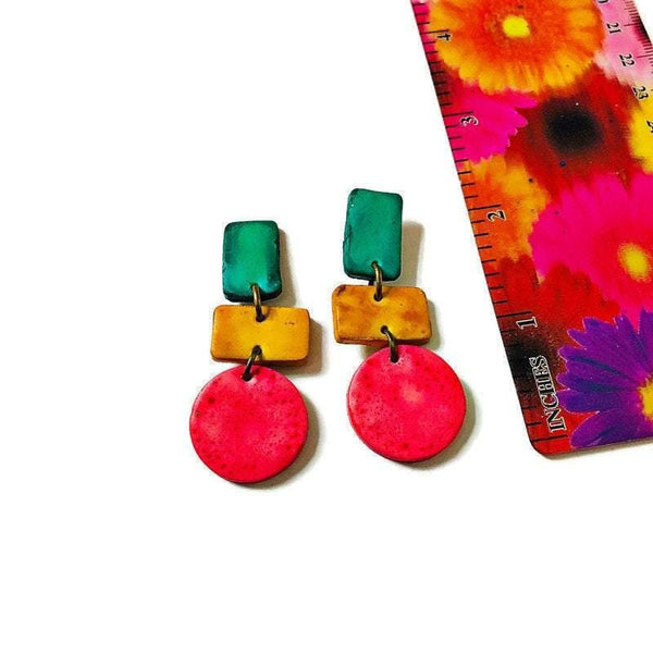 Clay Clip On Earrings, Long Geometric Earrings, Large Statement Earrings Lightweight, Bold 70s 80s Earrings Neon Pink Yellow & Turquoise - Sassy Sacha Jewelry