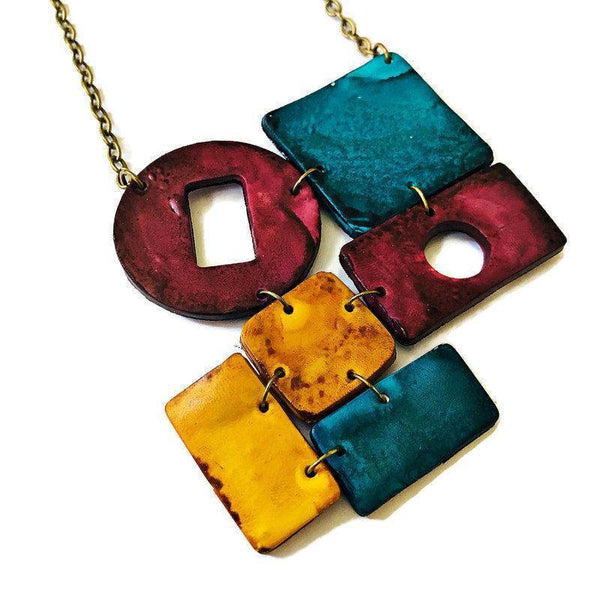 Chunky Statement Necklace, Big Bold Jewelry for Women, Polymer Clay Jewelry Painted Teal Mustard Maroon, Work from Home Accessories - Sassy Sacha Jewelry