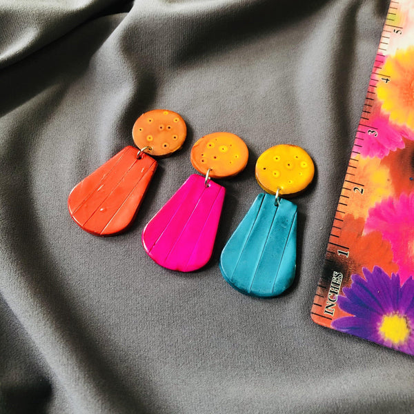 Yellow & Orange Clip On Earrings, Long Polymer Clay Statement Earrings, Bright Geometric Earrings with Textured Design, Unique Gift Ideas - Sassy Sacha Jewelry