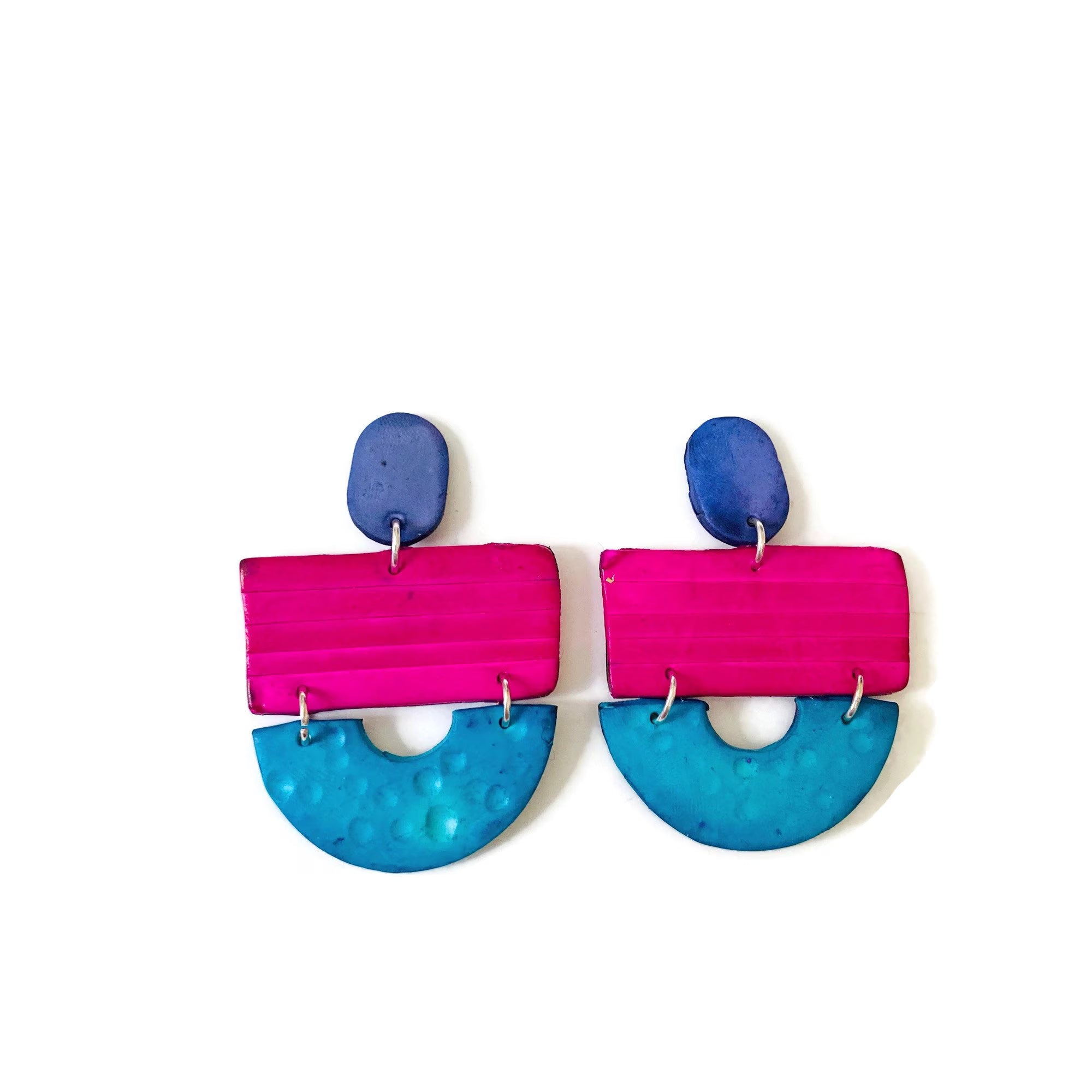 Wide Statement Earrings in Turquoise, Denim Blue & Pink