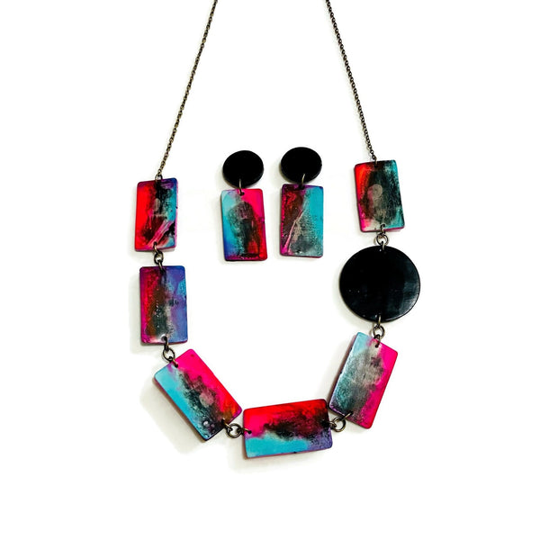 Abstract Long Beaded Necklace Handmade & Hand Painted