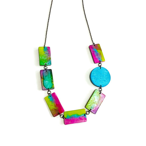 Neon Beaded Statement Necklace Blue Pink Green