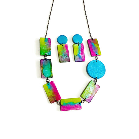 Bright Neon Jewelry Set with Long Beaded Necklace & Statement Earrings Handmade