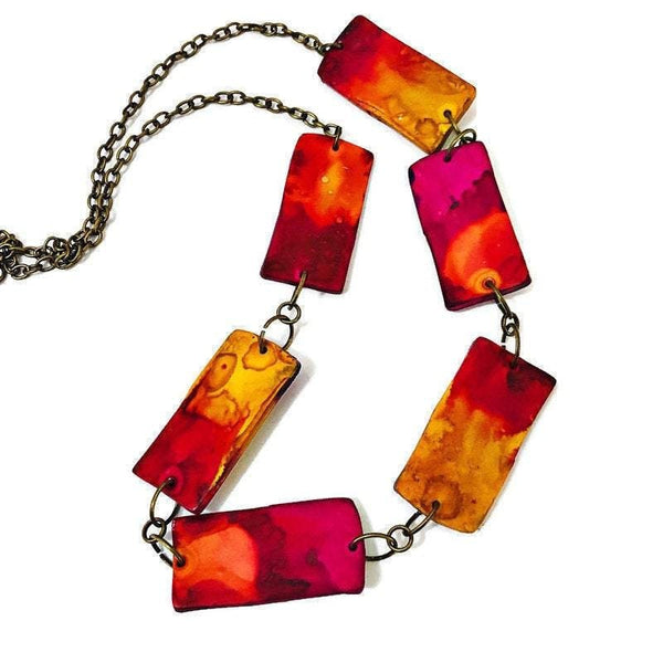 Long Beaded Necklace  Painted in Fluid Style in Red Orange Pink Yellow