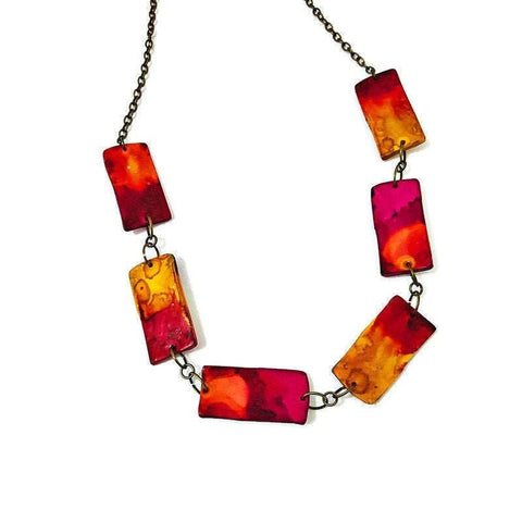 Long Beaded Necklace  Painted in Fluid Style in Red Orange Pink Yellow