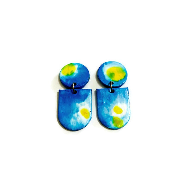 Green & Blue Abstract Clip On Statement Earrings Handmade