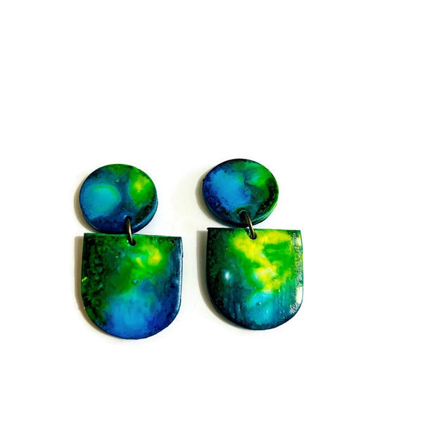 Green & Blue Abstract Clip On Statement Earrings Handmade