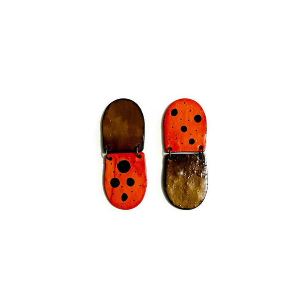 Brown & Red Clip On Statement Earrings with Polka Dots- "Ray"