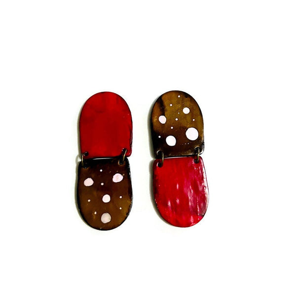 Red & Brown Mismatched Statement Earrings with Polka Dots- "Ray"