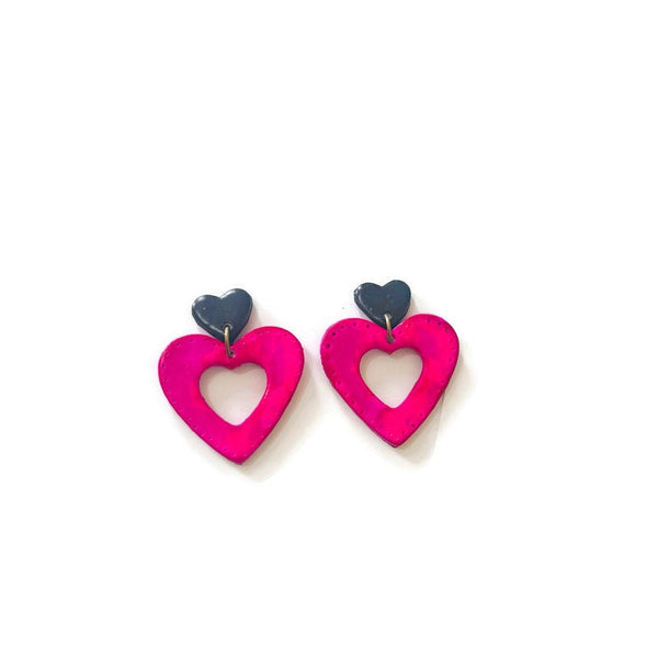 Large Heart Stud Earrings in Crimson Red & Yellow, Valentines Day Gift