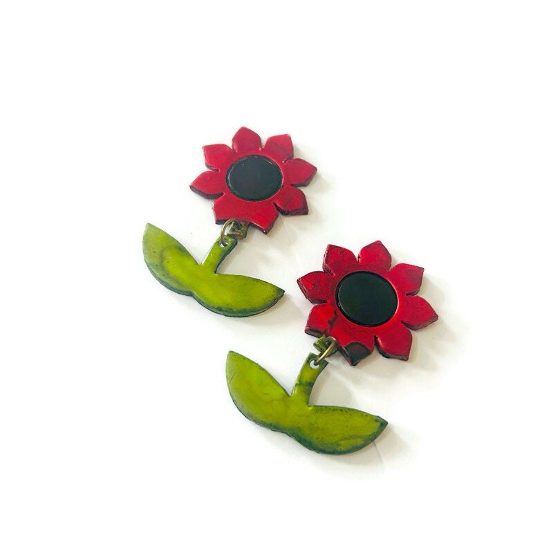 Red Poppy Flower Statement Earrings Handmade