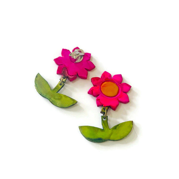 Large Flower Earrings Handmade, Colorful Botanical Jewelry