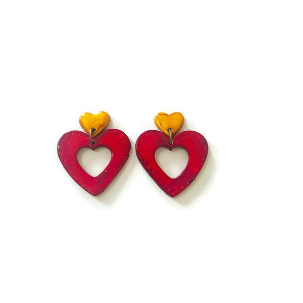 Large Heart Stud Earrings in Crimson Red & Yellow, Valentines Day Gift