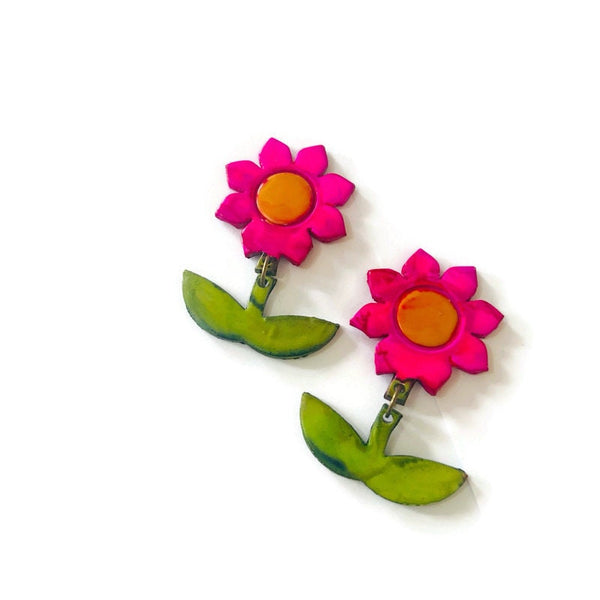 Pink Flower Clip On Earrings Handmade