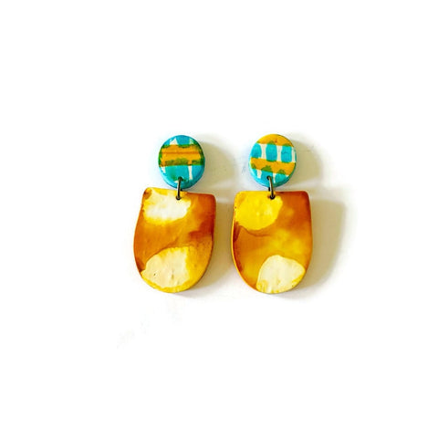 Pastel Clip On Earrings in Mustard Yellow, Turquoise & White
