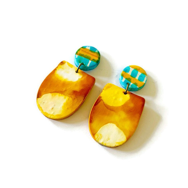 Pastel Clip On Earrings in Mustard Yellow, Turquoise & White