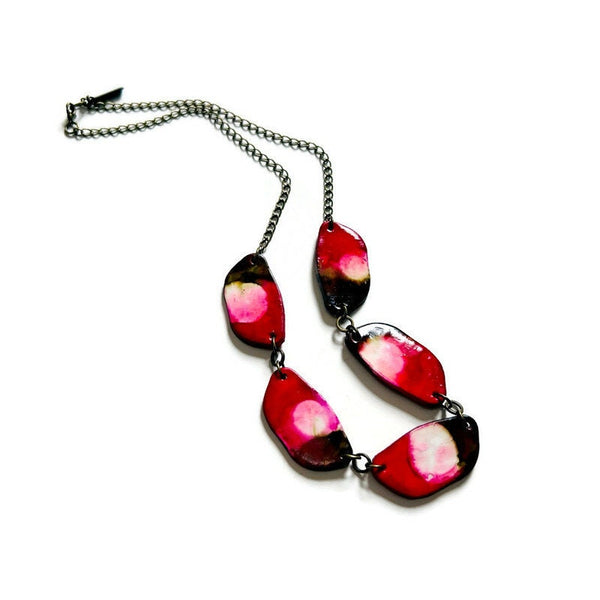 Painted Beaded Necklace in Red, Brown & White