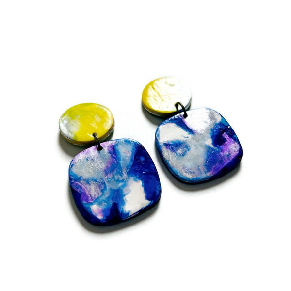 Bold Clip On Earrings in Royal Blue, Yellow & Silver