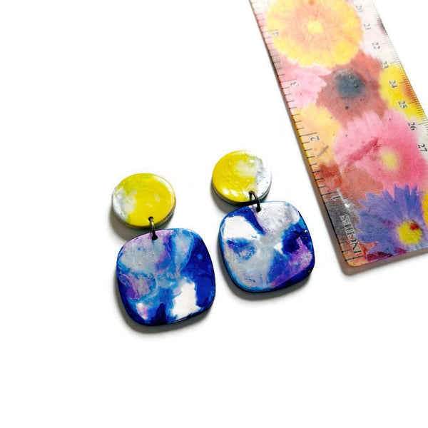 Bold Clip On Earrings in Royal Blue, Yellow & Silver