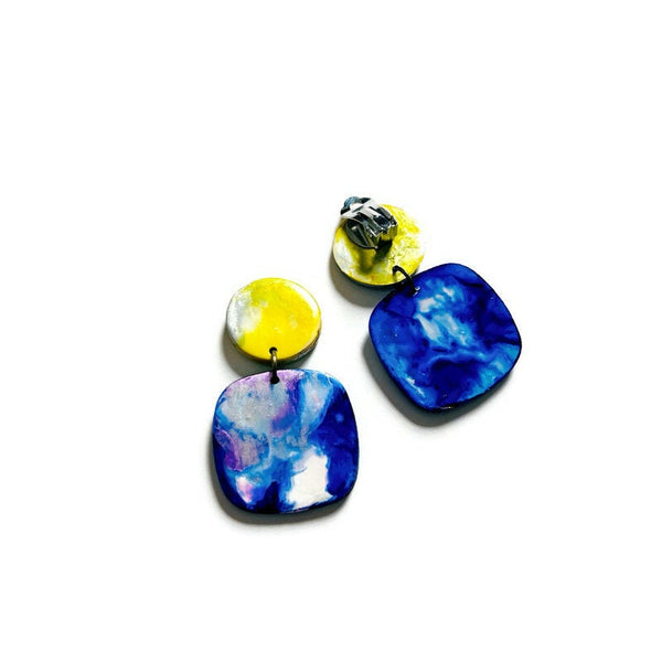 Bold Clip On Earrings in Royal Blue, Yellow & Silver