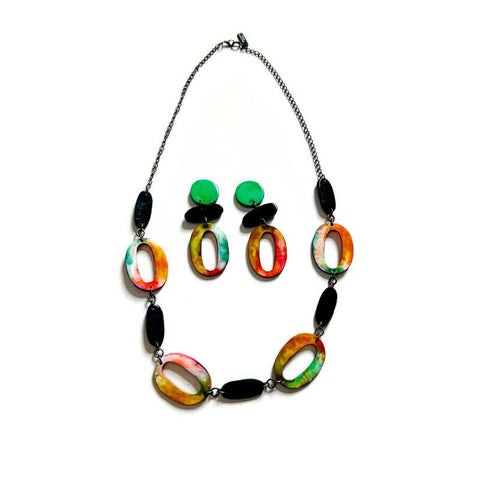 Long Colorful Beaded Necklace with Large Statement Earrings Handmade