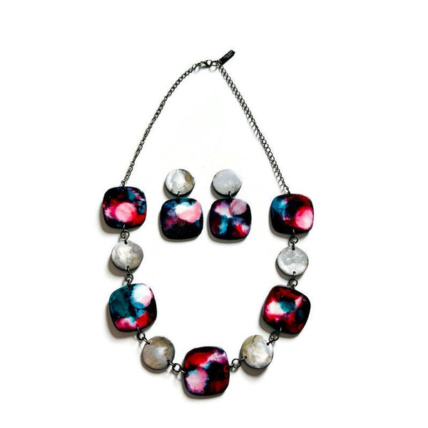 Bold Statement Earrings in Teal, Red & Silver