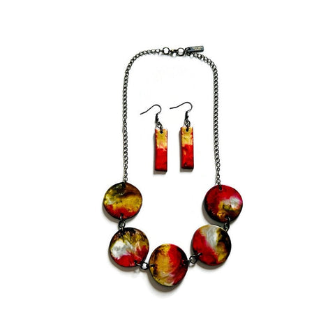 Rustic Beaded Necklace & Earring Set Handmade from Clay & Painted with Alcohol Ink