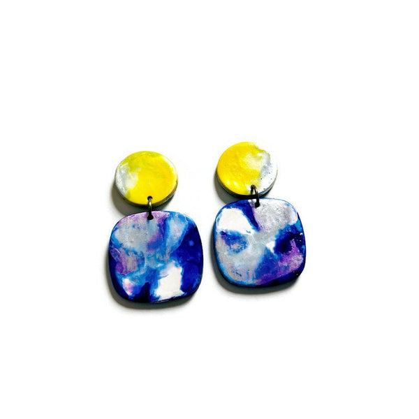 Bold Clip On Earrings in Royal Blue, Yellow & Silver