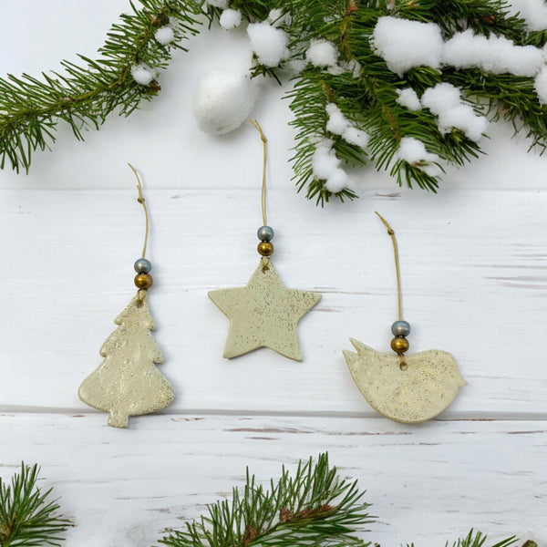 Sparkling Christmas Ornaments - Tree Shape, Star & Dove. Cottagecore  Decorations