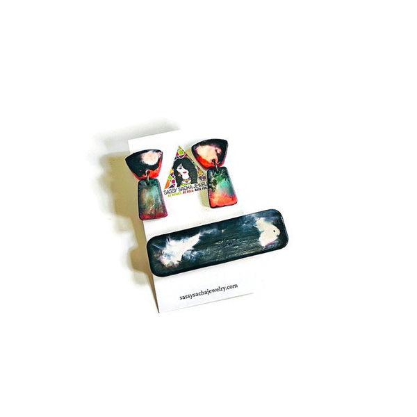 Clay Hair Clip & Earring Set- Black and White Hair Barrette with Alcohol Ink Earrings