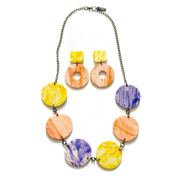 Pastel Beaded Statement Necklace with Circle Discs