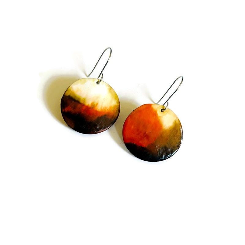 Brown & Burnt Orange Disc Earrings – Handmade from Polymer Clay, Abstract Boho Dangle Earrings