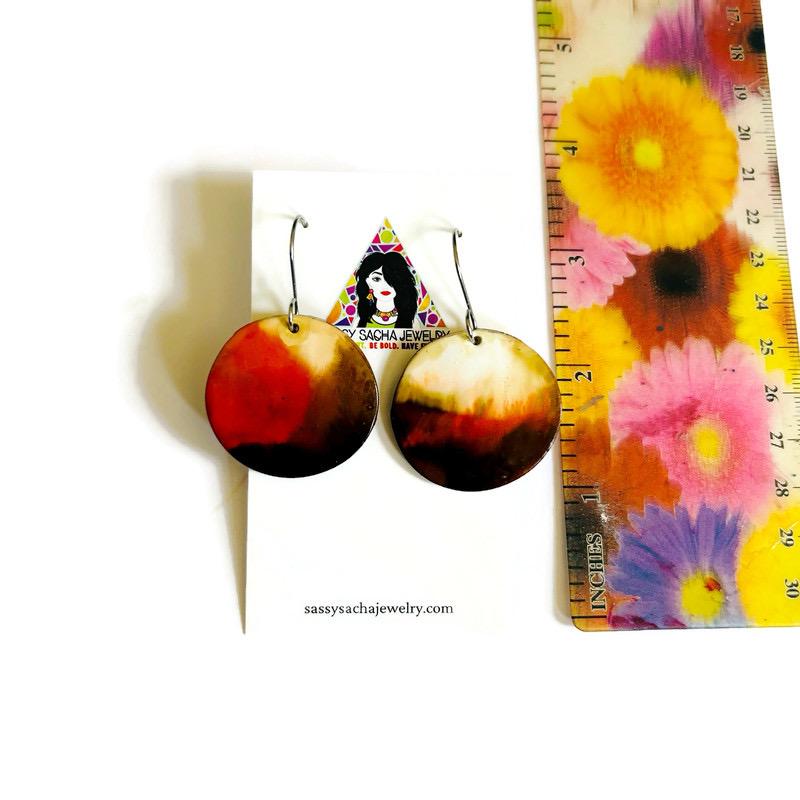 Brown & Burnt Orange Disc Earrings – Handmade from Polymer Clay, Abstract Boho Dangle Earrings