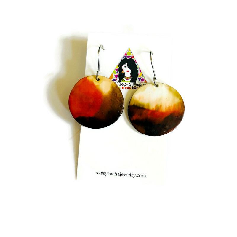 Brown & Burnt Orange Disc Earrings – Handmade from Polymer Clay, Abstract Boho Dangle Earrings