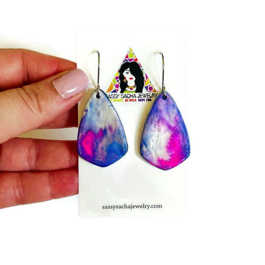 Pink, Blue & Purple Teardrop Earrings – Handmade from Polymer Clay, Abstract Fluid Art Dangles