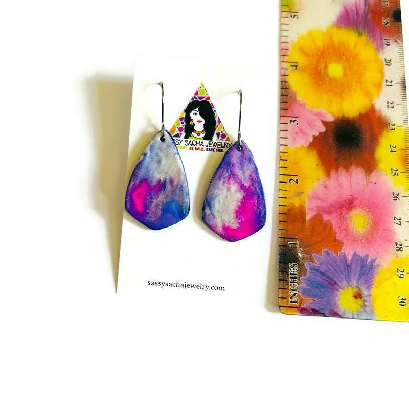Pink, Blue & Purple Teardrop Earrings – Handmade from Polymer Clay, Abstract Fluid Art Dangles